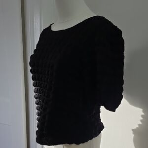 Black Textured Short Sleeve Women's Blouse